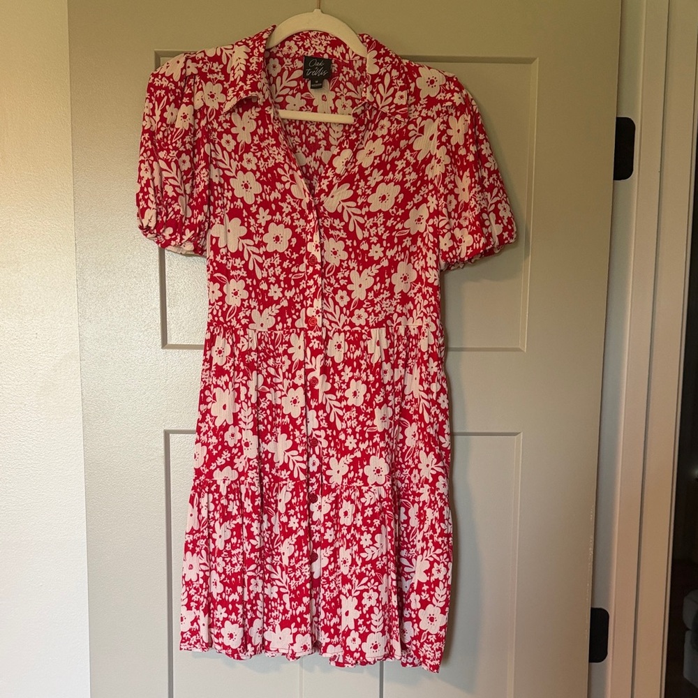Red Floral V-Neck Tiered Mini Dress